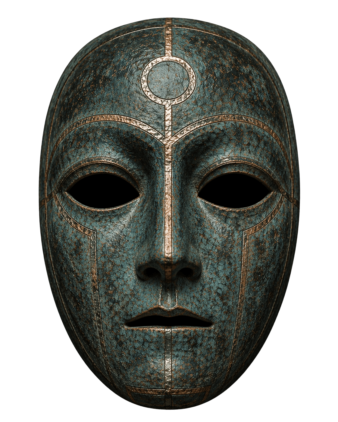 Ornate teal and green mask with copper geometric inlays on a black background