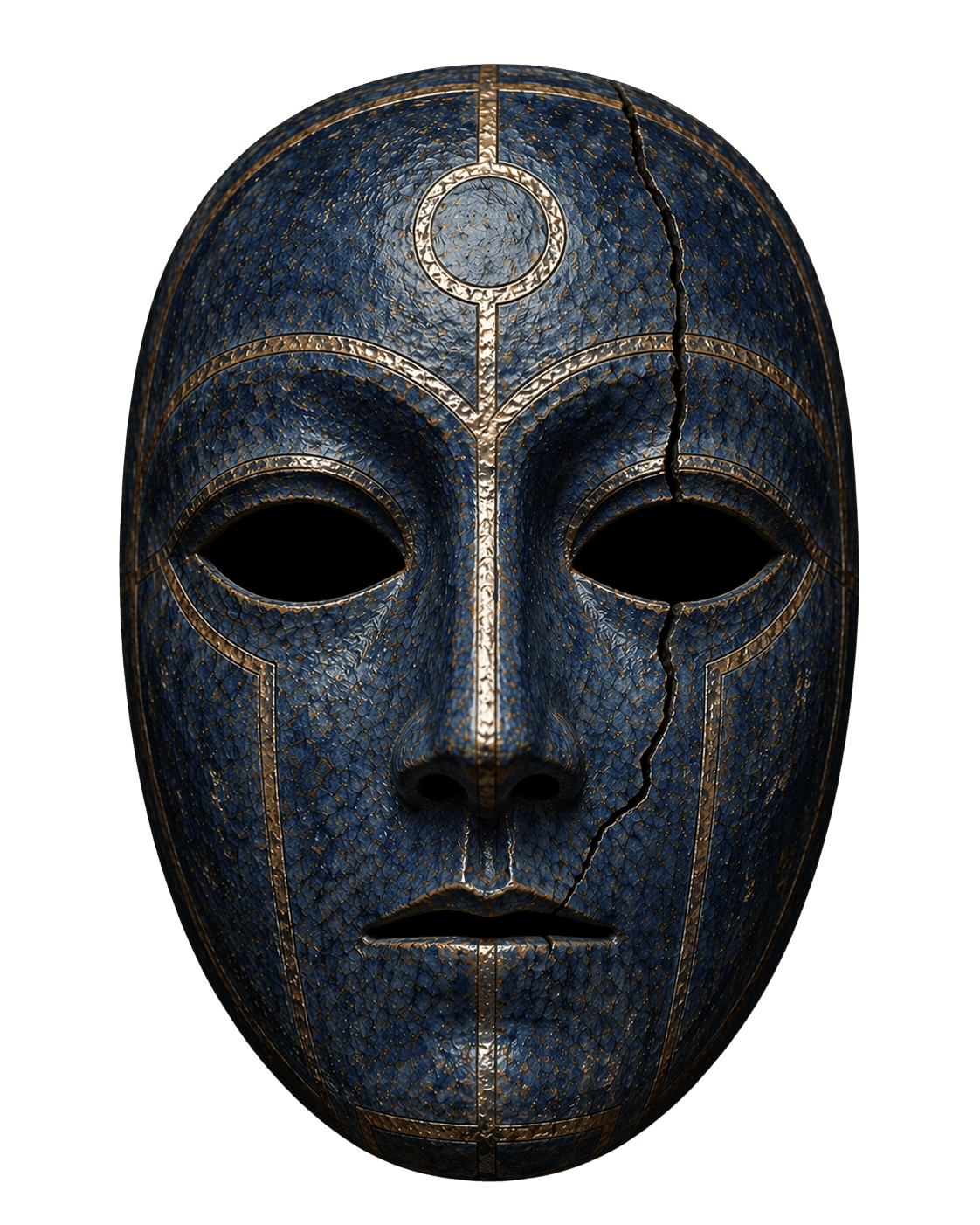 Decorative lapis-like mask with gold inlays and a vertical crack, on a black background